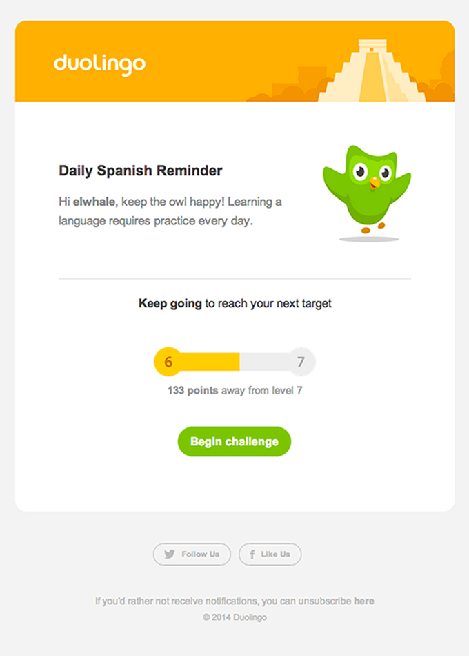 Screenshot of Duolingo milestone celebration email showing streak stats and incentives