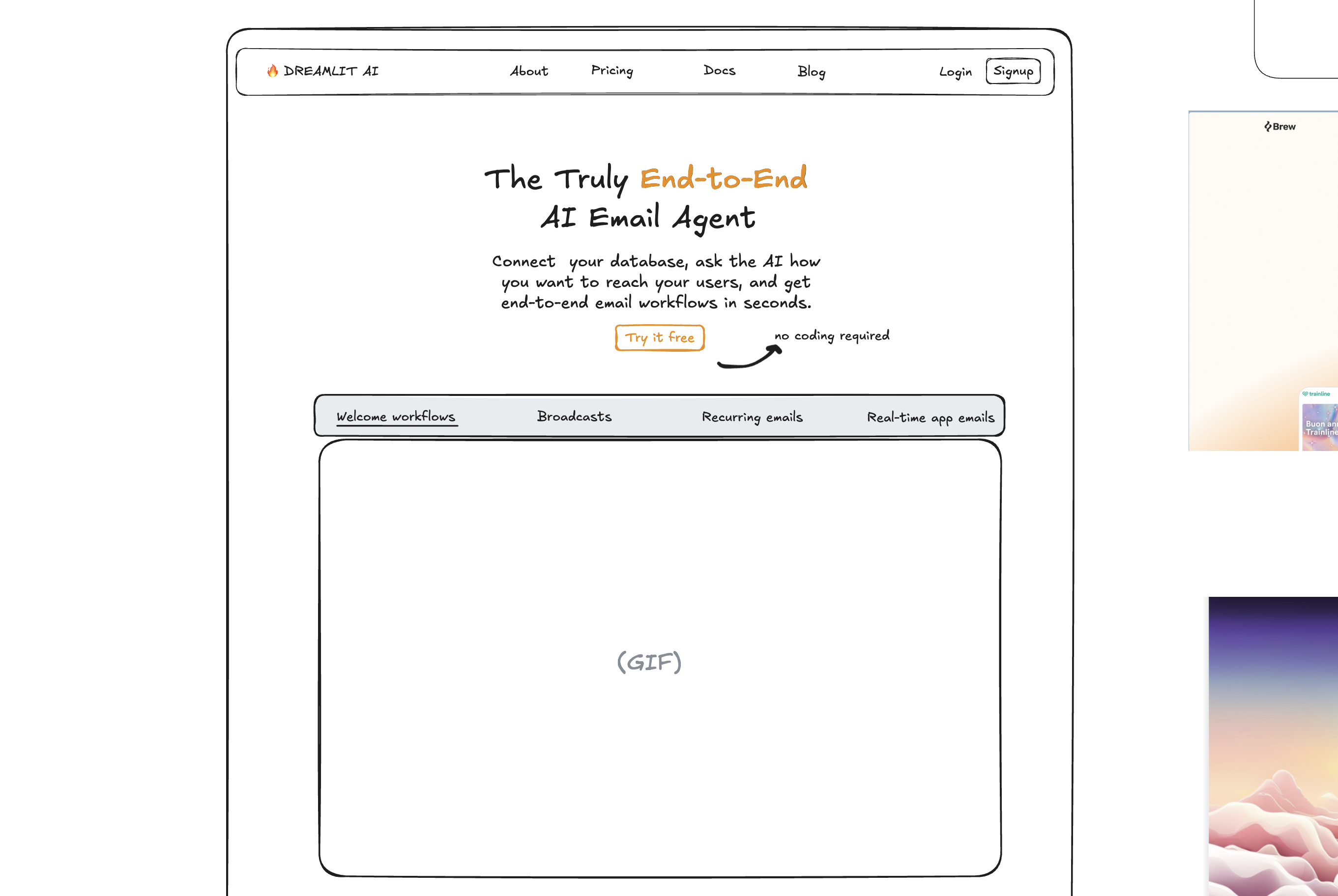 Wireframe in Excalidraw of the hero section and navbar