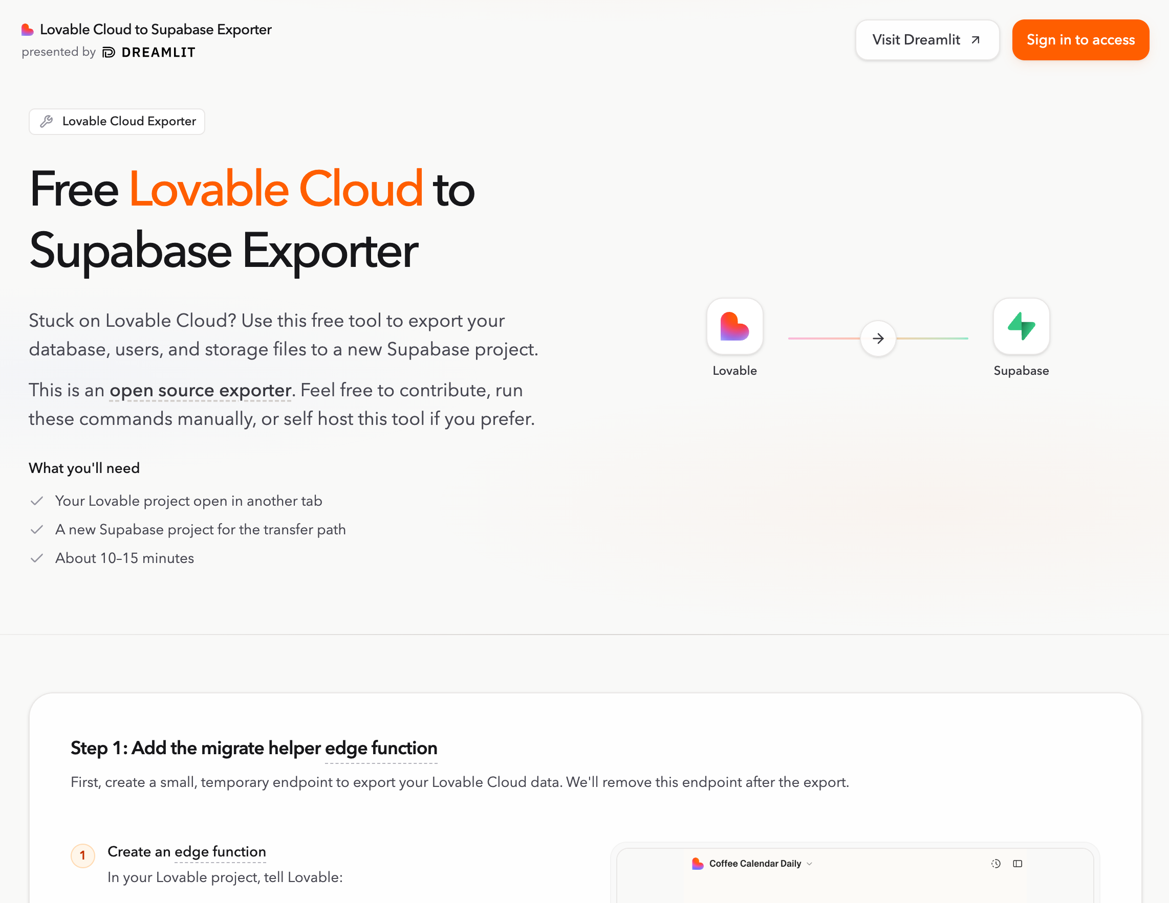 The hosted Lovable Cloud to Supabase Exporter on dreamlit.ai