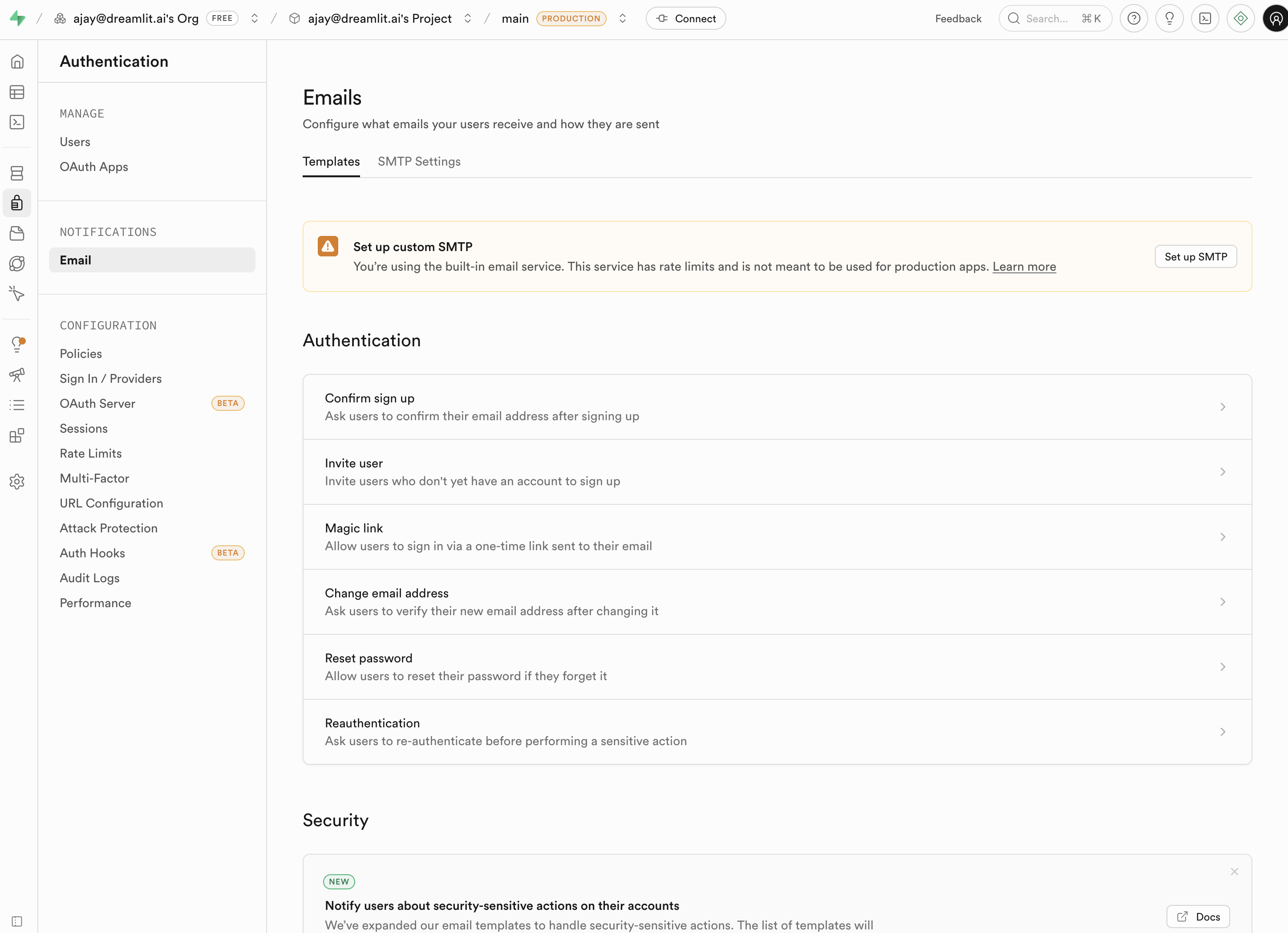 Setting up auth emails for Supabase in Supabase dashboard