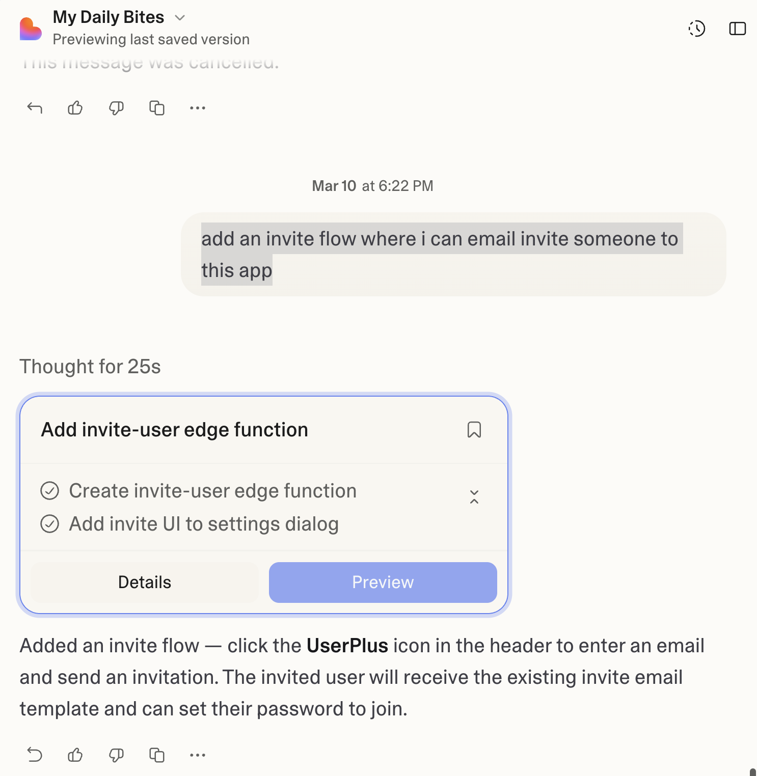 Prompting Lovable to "add an email invite flow"